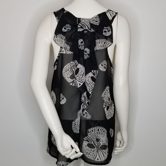Live 4 Truth White Skull Print Black Sheer Sleeveless Back Bow Ruffle Top Size L - Picture 7 of 16